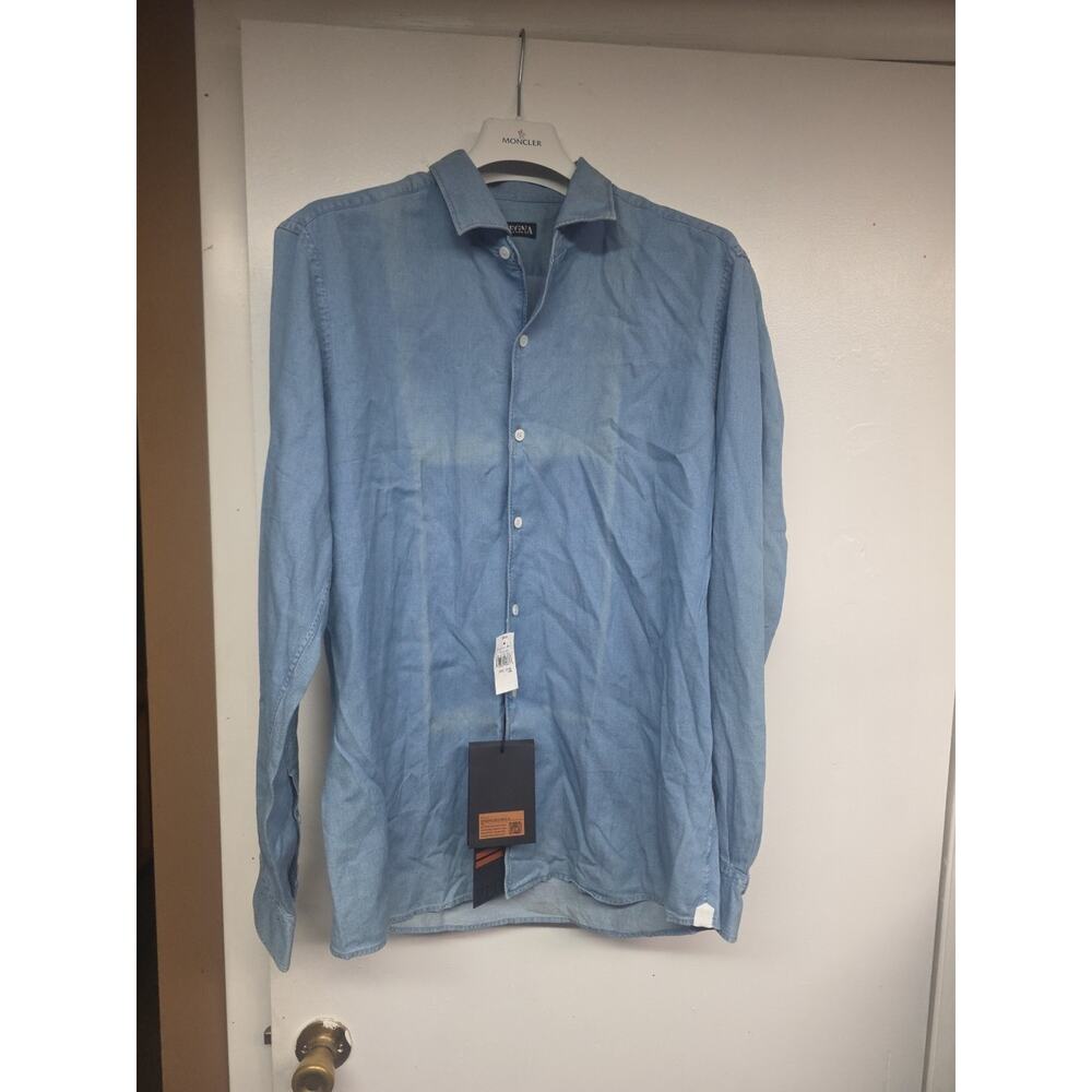 Zegna Sun Bleached Button-Up Denim Shirt Blue Men’s LG